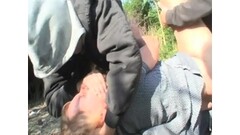 Pissing granny fucked by two horny dudes outdoors Thumb