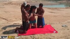 Cute brunette teen on hardcore foursome on the beach Thumb